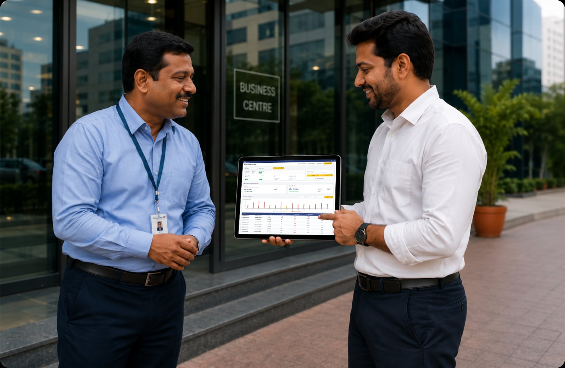 A facility manager in a light blue shirt smiles at a business associate in a white shirt as they review a Dhaara Live dashboard on a tablet outside a "Business Centre" — the resolution moment where compliance stops being an anxious topic.