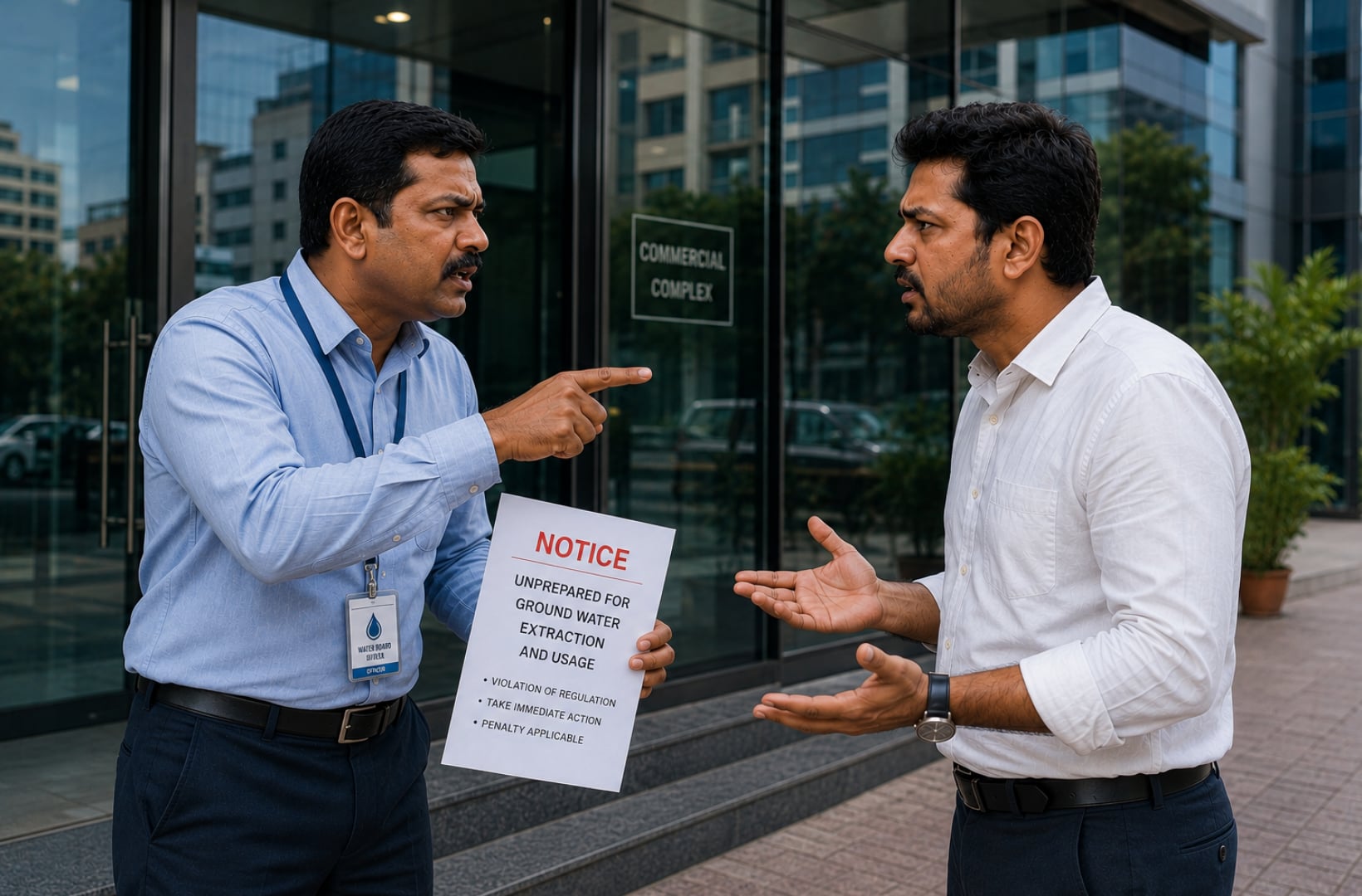 An inspector holds up a "NOTICE — Unprepared for Ground Water Extraction and Usage: Violation of Regulation, Take Immediate Action, Penalty Applicable" letter to a building manager outside a Commercial Complex. The regulatory pressure that no facility manager wants to hear about.