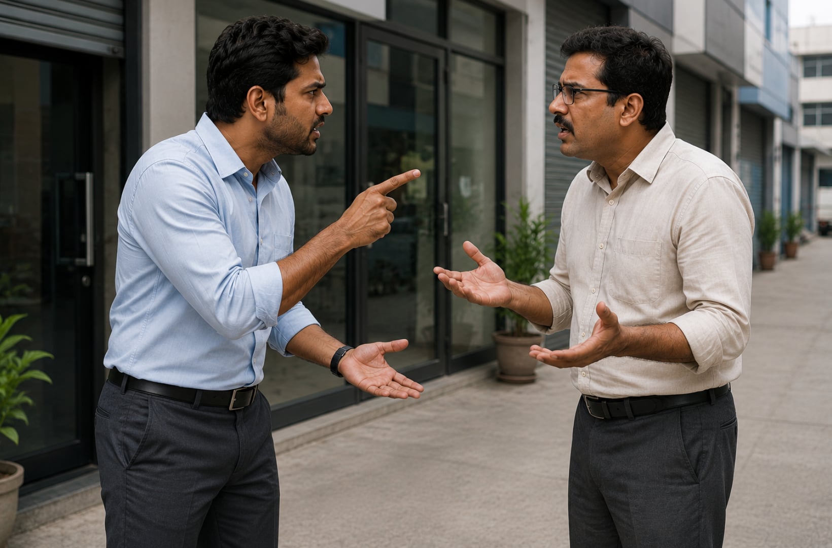 Two men in office attire arguing outside a commercial building — one in a light blue shirt pointing accusingly, the other in a cream shirt gesturing defensively. The daily "whose meter says what" quarrel that eats up building-manager time.