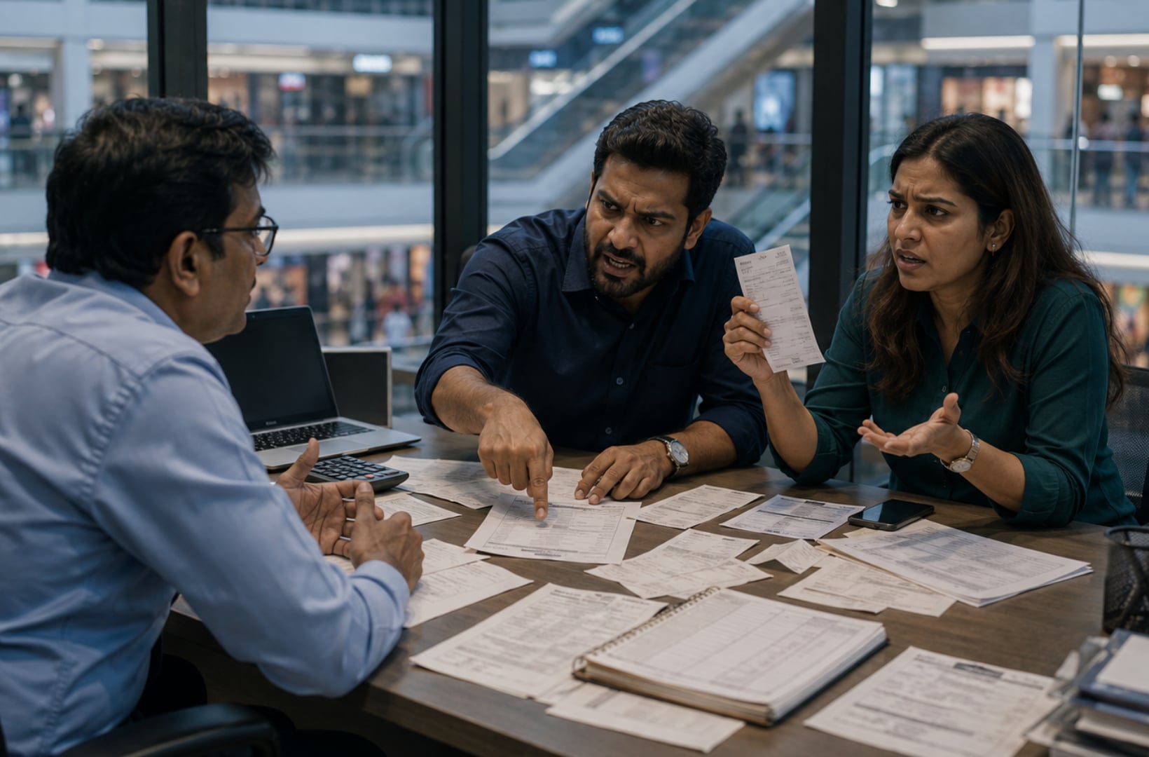Three tenants in a shopping-mall food-court arguing over a stack of water-usage bills on a table — a laptop shows a spreadsheet, the man in the middle waves a receipt, the woman on the right gestures defensively.