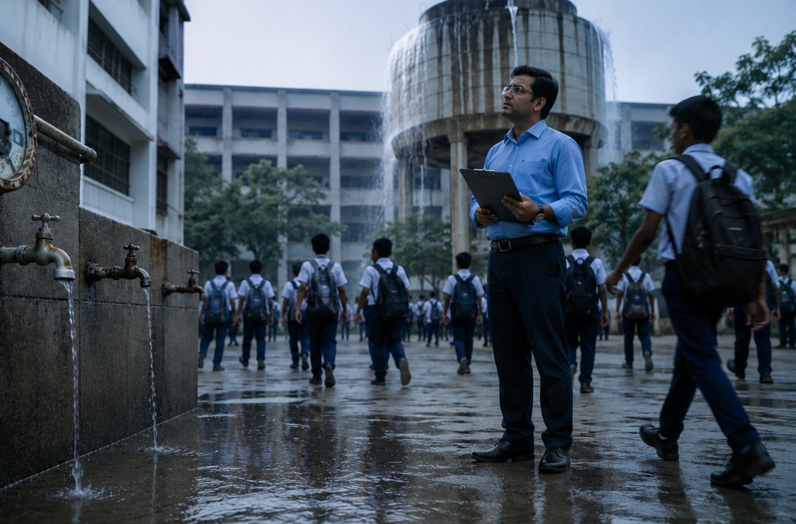 A school administrator with a clipboard stands beside a row of leaking wall taps at the entrance of a school building; uniformed students walk past in the background, a rooftop water tank overflows behind them.