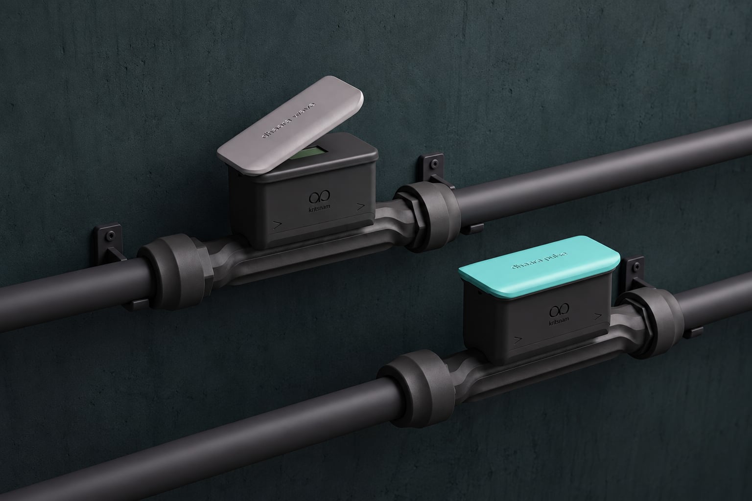 Dhaara Wave (grey lid, LCD visible) and Dhaara Pulse (teal lid) fitted on parallel supply lines