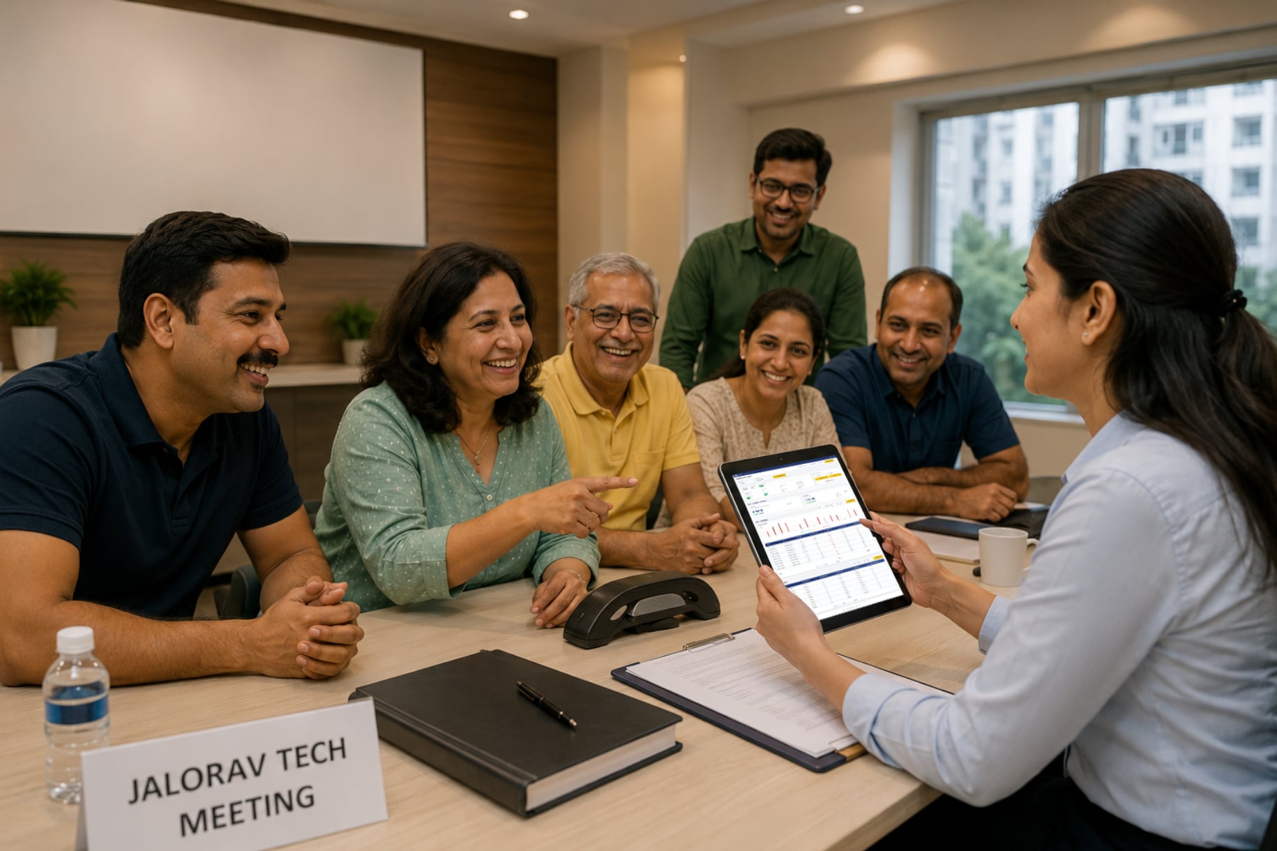 Harmonious apartment dwelling — a smiling society-meeting table where residents around a "Jalorav Tech Meeting" nameplate look at a Dhaara Live water dashboard on a tablet, the argument replaced with agreement.