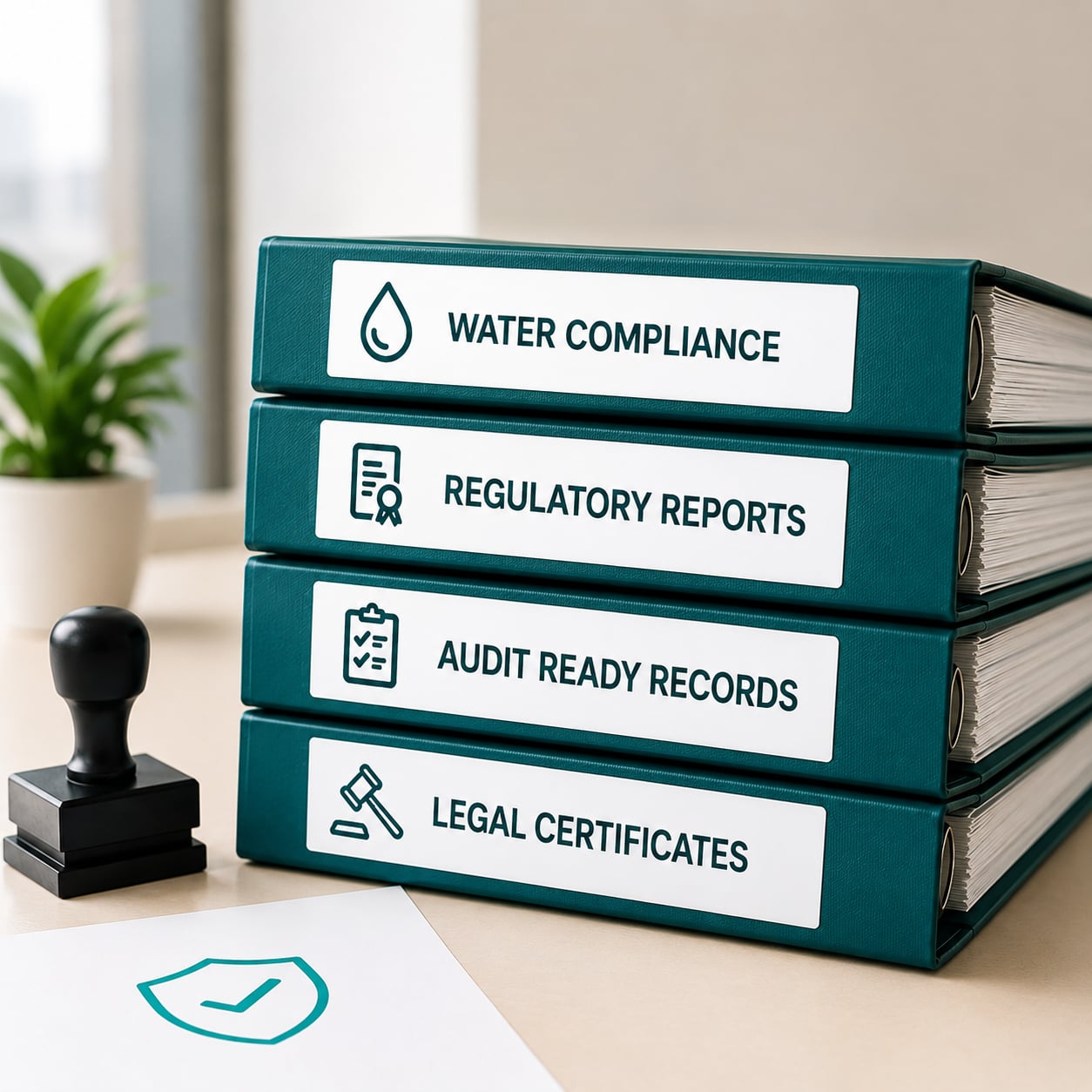A stack of four teal binders on an office desk labelled "Water Compliance", "Regulatory Reports", "Audit Ready Records", and "Legal Certificates" — each with a small icon on the spine. A rubber stamp and a shield-with-check certificate sit beside the stack.