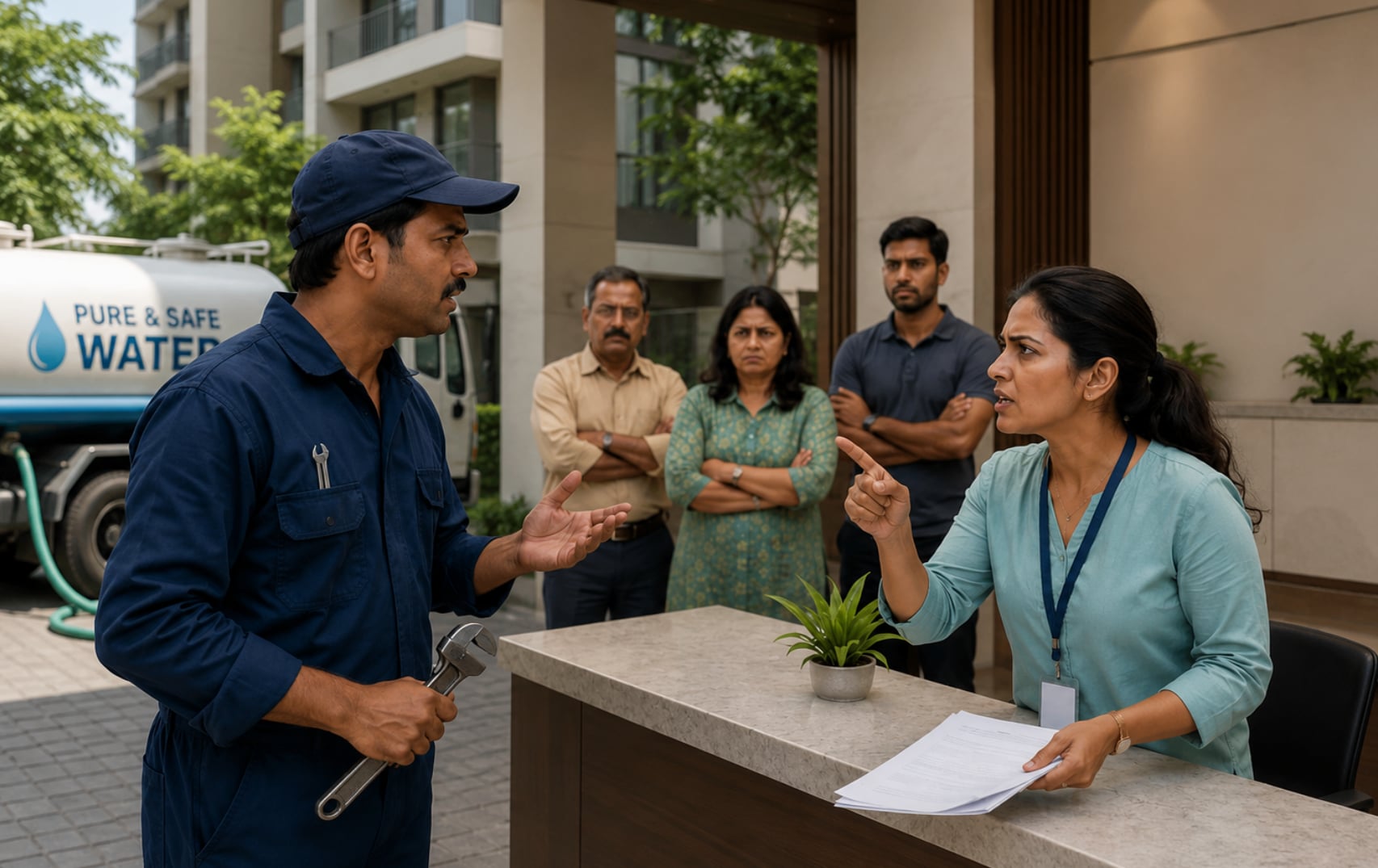 A "Pure & Safe Water" tanker driver holding a delivery clipboard arguing with a woman society manager holding up a water sample bottle at the apartment entrance, with residents watching.