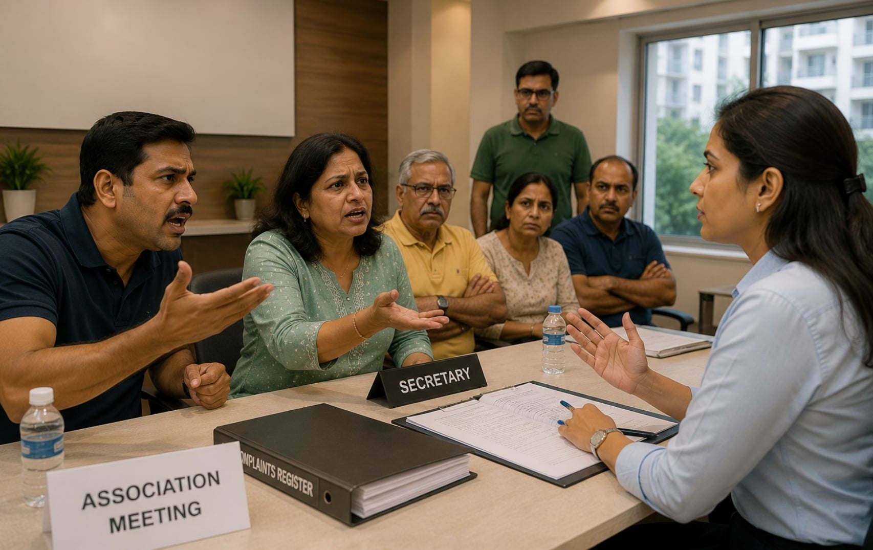 Residents arguing at an association meeting table with a "SECRETARY" nameplate — one man gesturing angrily, a woman calmly explaining, others watching.