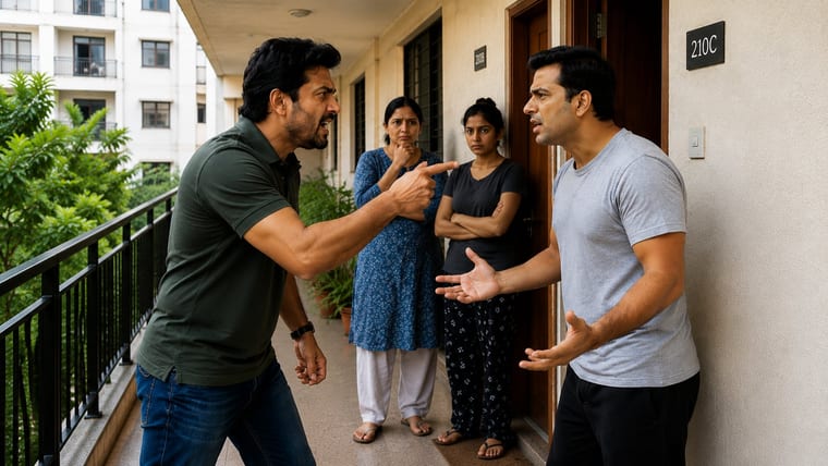 Four neighbours arguing over a water bill outside an apartment door — one man pointing accusingly, another gesturing defensively, two women looking on. The everyday society dispute that Dhaara Pulse ends by metering the society inlet, tanks and blocks — verifying every tanker and settling block-level usage with numbers.