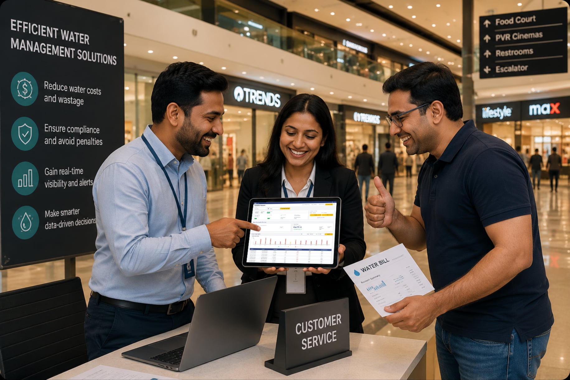 Three people at a mall customer-service desk smiling and reviewing a Dhaara Live water dashboard on a tablet — a facilities manager points at the screen, the mall manager holds the tablet, and a tenant on the right gives a thumbs-up while holding a water bill. Retail signage (Trends, Lifestyle, Max, PVR Cinemas) in the background.
