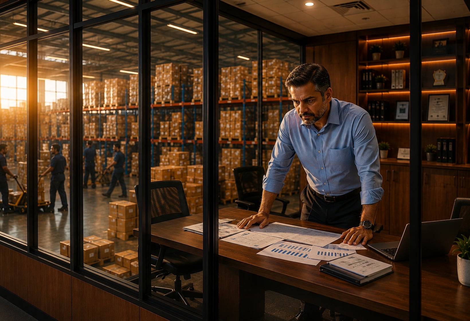 An MSME owner leans over bar-chart reports spread across his desk in a glass-walled office overlooking his warehouse floor, where workers move goods among tall racks of cartons.