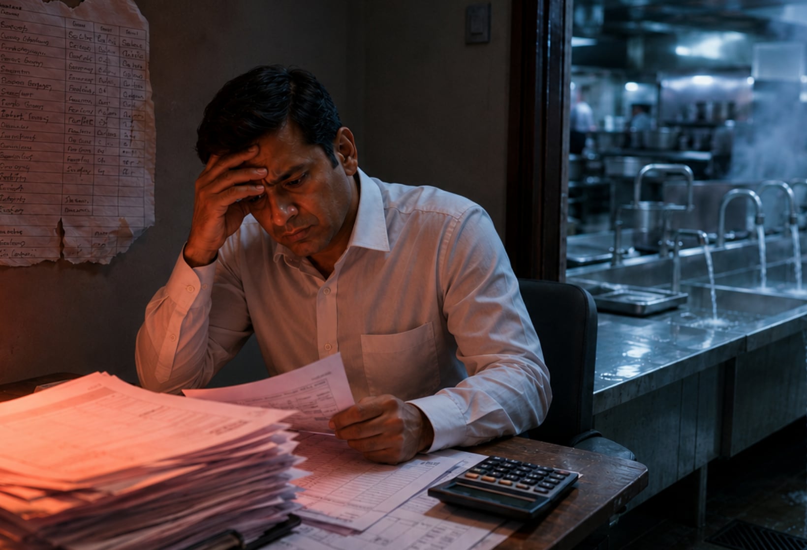 A stressed restaurant manager holds his head in one hand and a bill in the other, staring at a stack of paperwork — behind him a commercial kitchen runs multiple taps at full flow, chefs at work.