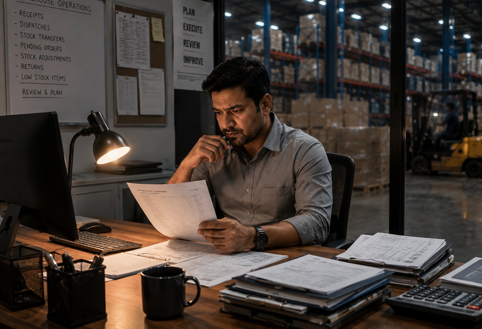 A warehouse manager studies a statement at his desk under a "Warehouse Operations" whiteboard, the storage racks, stacked cartons and a forklift visible through the glass behind him.