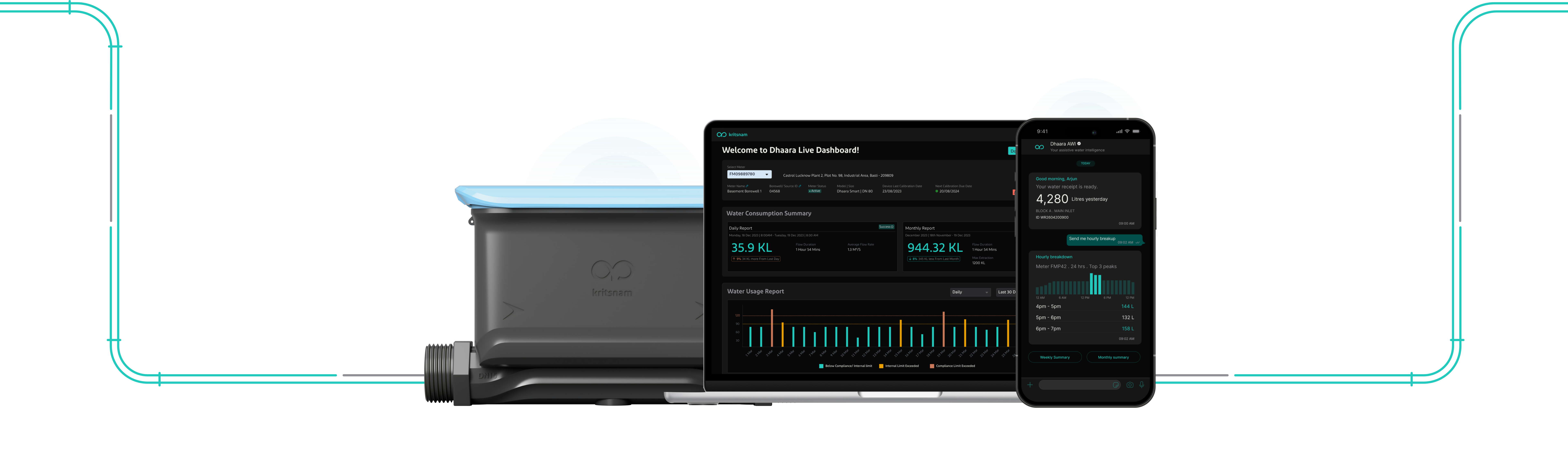 Dhaara Pulse meter, dashboard, and phone receipt