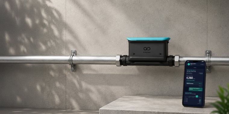 A Dhaara Pulse ultrasonic meter fitted onto a water pipe against a concrete wall, with a phone beside it showing the daily WhatsApp water receipt of 4,280 litres.