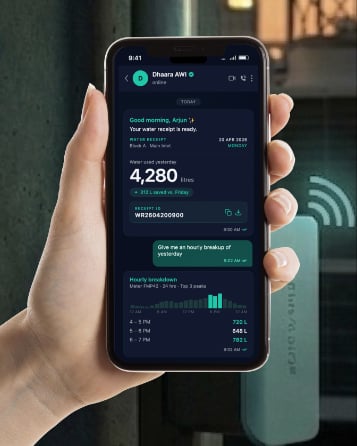 A hand holding a phone showing the Dhaara AWI daily water receipt, with the installed Pulse meter transmitting in the background.