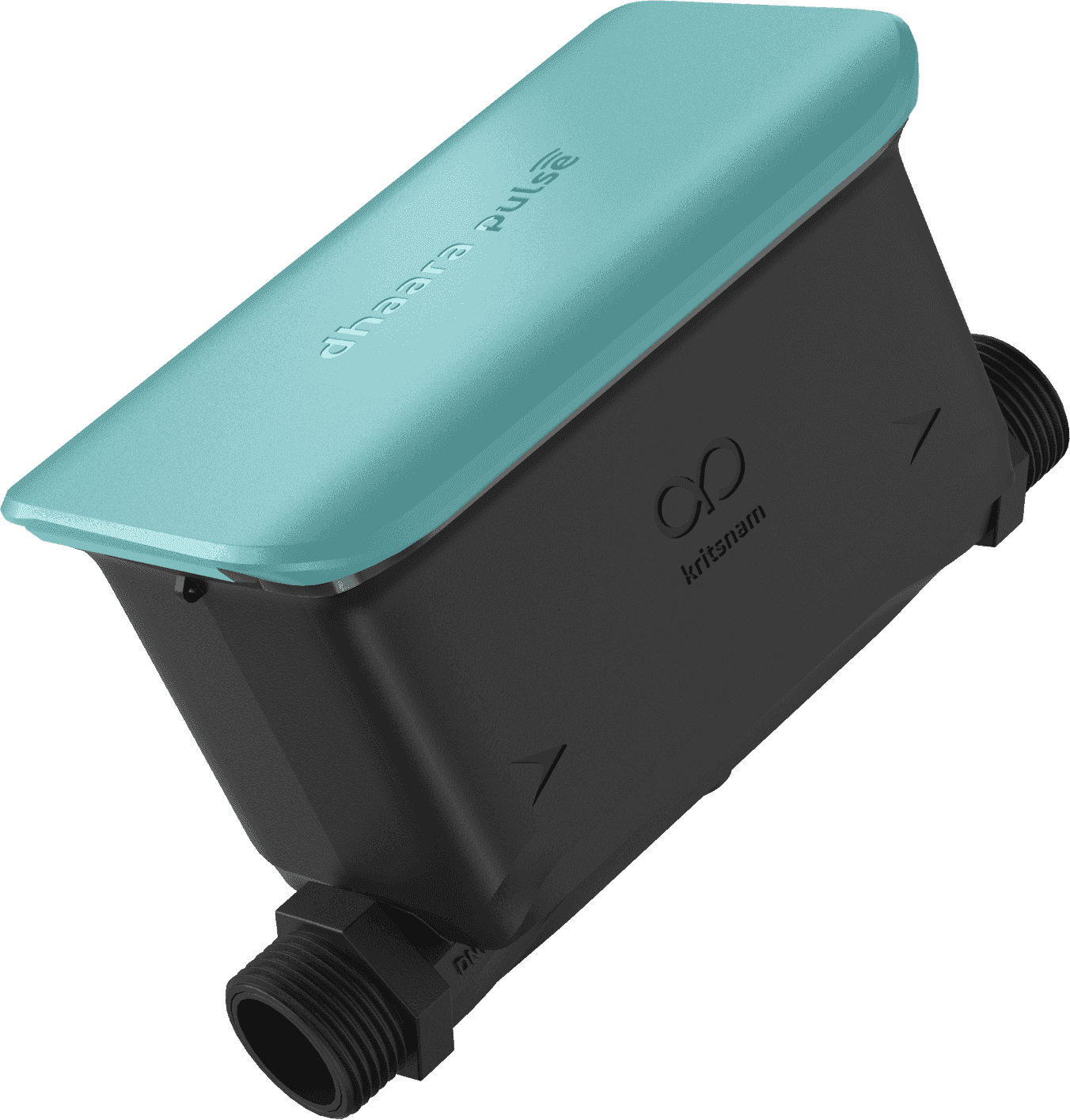 Dhaara Pulse ultrasonic smart water meter — DN15 unit with a teal cap and black body.