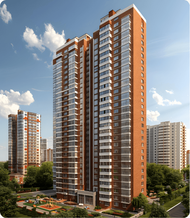 Tall brick-and-glass residential apartment towers overlooking a garden. Represents apartments and gated communities — the Homes & societies deployment scenario for Dhaara Pulse.