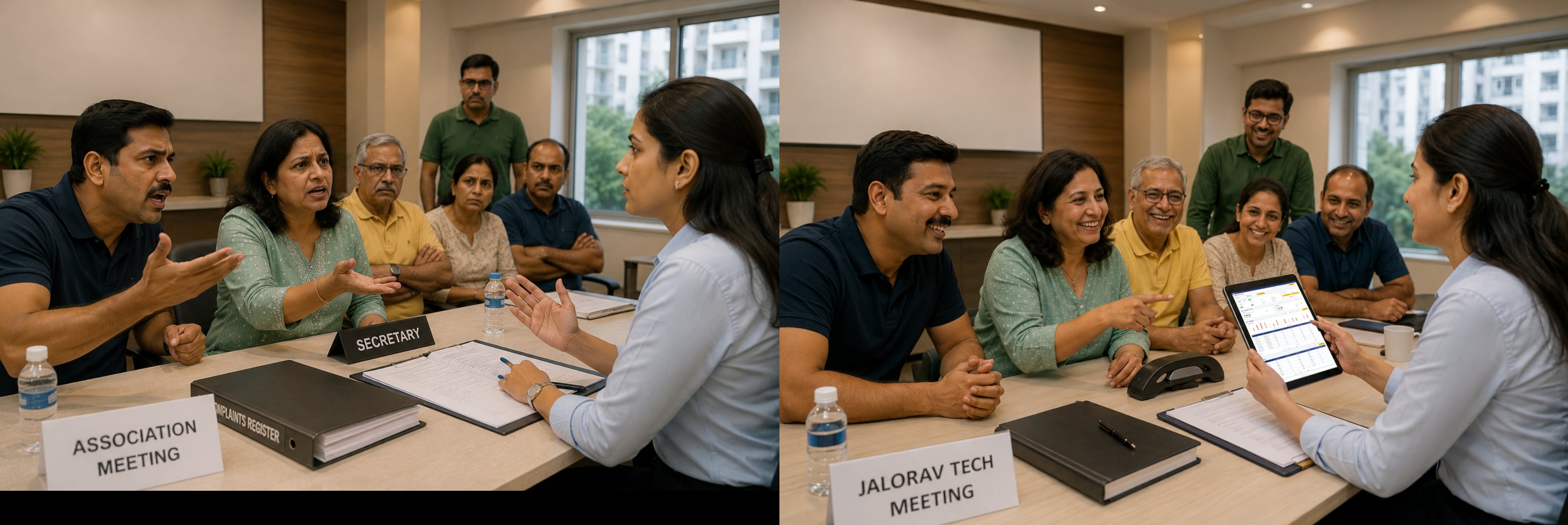 Commercial Buildings — a diptych. Left: a heated society meeting around a table with a "Secretary" nameplate. Right: the same team smiling as one member presents a water-usage dashboard on a tablet.