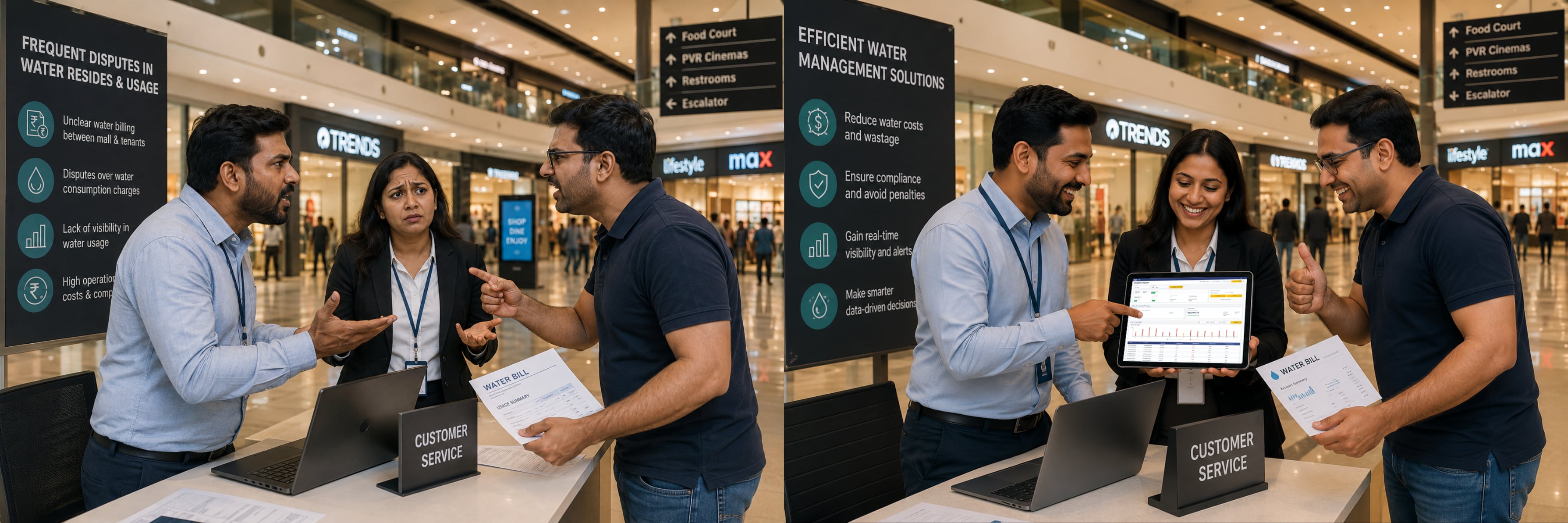 Shopping Malls — a diptych. Left: three mall managers arguing next to a "Efficient Water Management Solutions" board with a bill in hand. Right: the same team reviewing a Dhaara Live dashboard on a tablet.