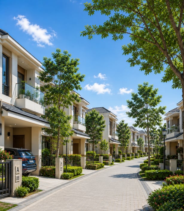 A landscaped street of two-storey villas with private gates, balconies and garden trees. Represents villa communities and gated societies — the Homes & societies deployment scenario for Dhaara Pulse.