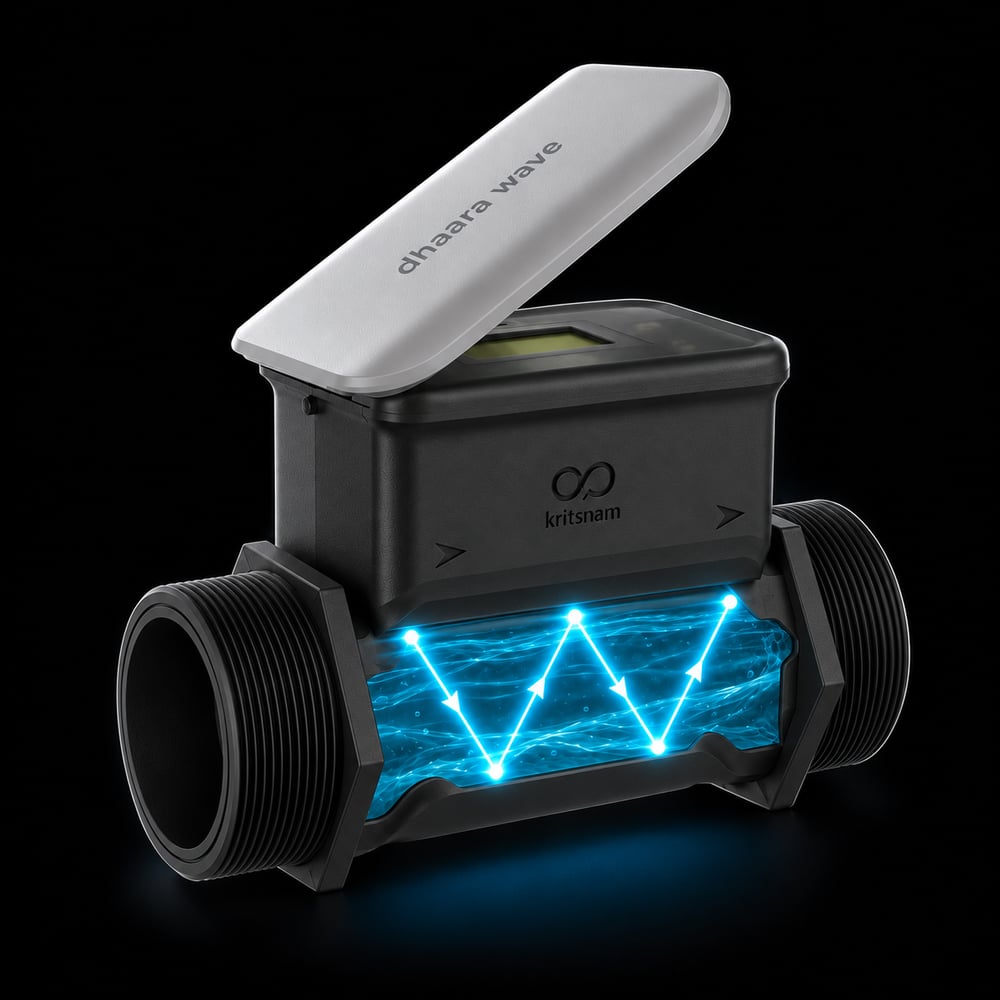 Cutaway of a Dhaara Wave meter: ultrasonic pulses zig-zag through the water in the measuring tube, beneath the display housing