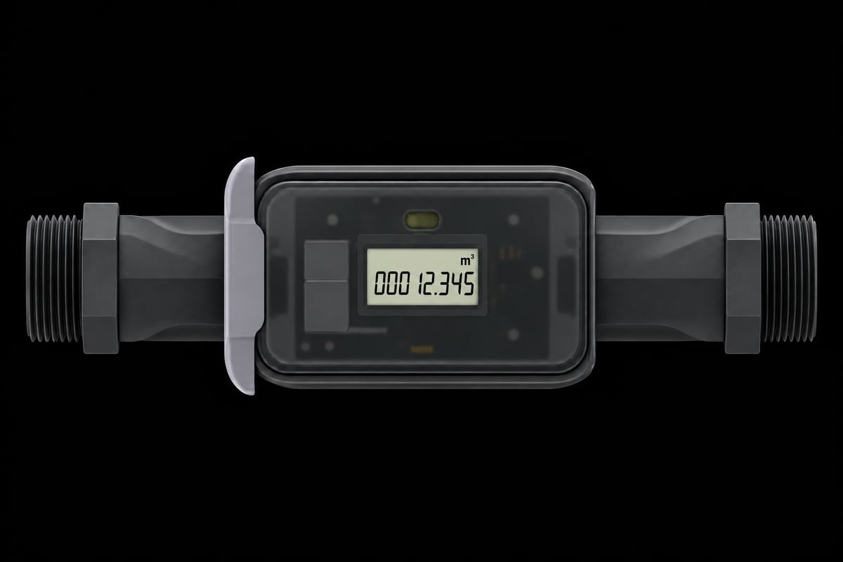 Top view of a Dhaara Wave meter, its LCD reading 00012.345 m³