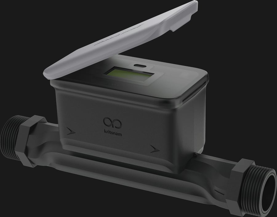 Dhaara Wave DN25 ultrasonic water meter, lid open to show the LCD