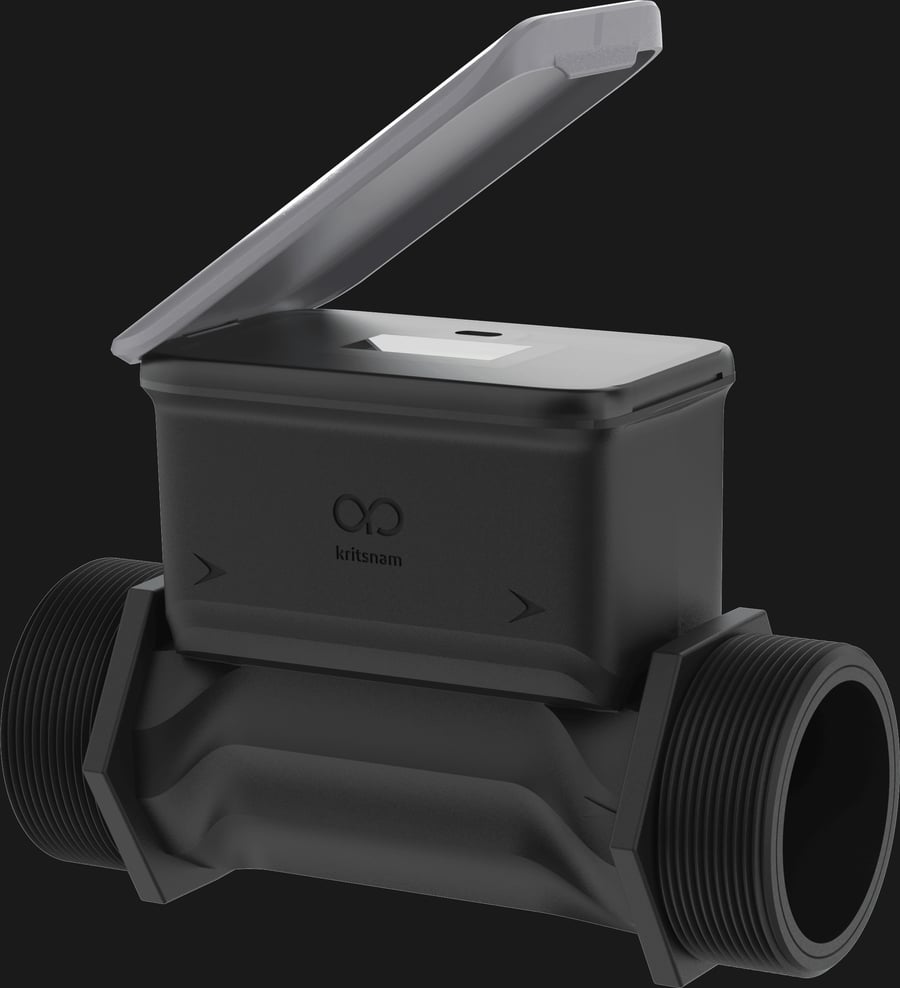Dhaara Wave DN50 ultrasonic water meter, lid open to show the LCD